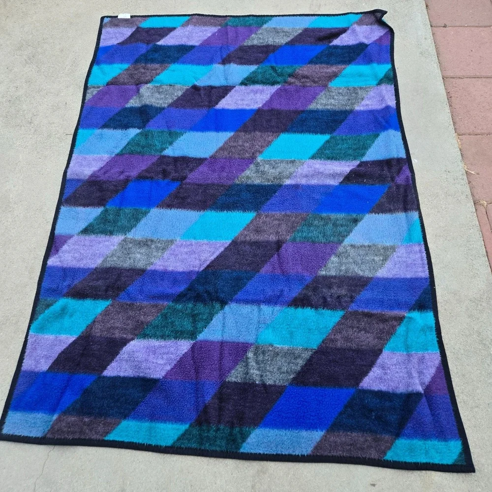 Vtg Biederlack Purple Blue Teal Plaid Checkered Fleece Blanket USA